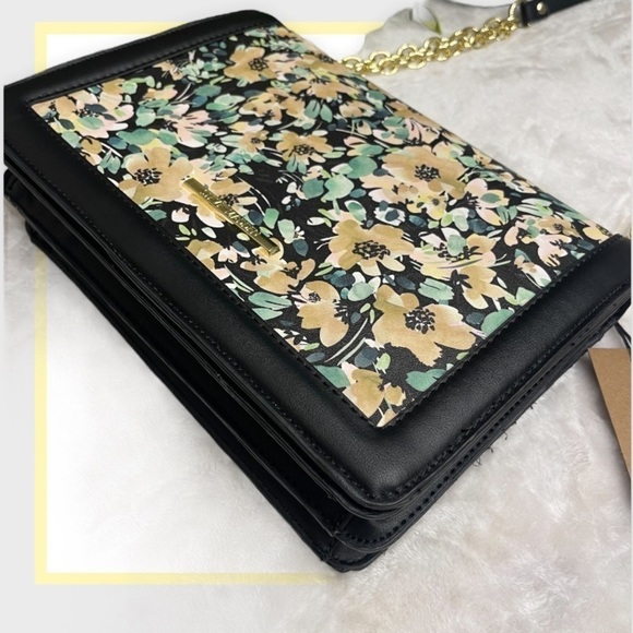 Nwt 🏷 STEVE MADDEN Breah Crossbody Floral Print Black Gold Chain Handbag Purse - Picture 2 of 11